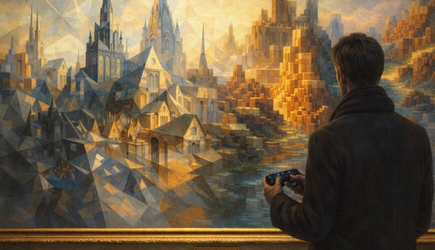 Besucher mit Game-Controller steht in einem Museum vor einem riesigen Gemälde, das eine feiningerartige Glasstadt zeigt, die sich nach rechts in eine würfelförmige Landschaft verwandelt