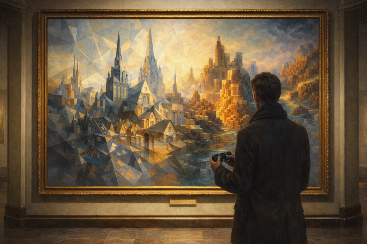 Besucher mit Game-Controller steht in einem Museum vor einem riesigen Gemälde, das eine feiningerartige Glasstadt zeigt, die sich nach rechts in eine würfelförmige Landschaft verwandelt