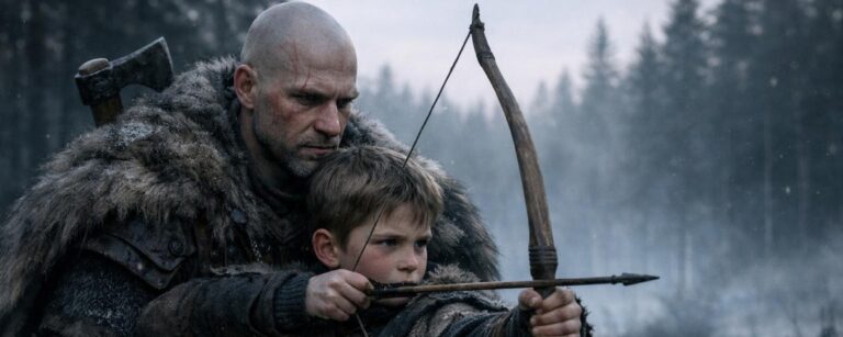 Erstes Bild zur Amazon-Serie God of War: Kratos steht hinter Atreus in einer nebligen nordischen Waldlichtung beim Bogentraining.