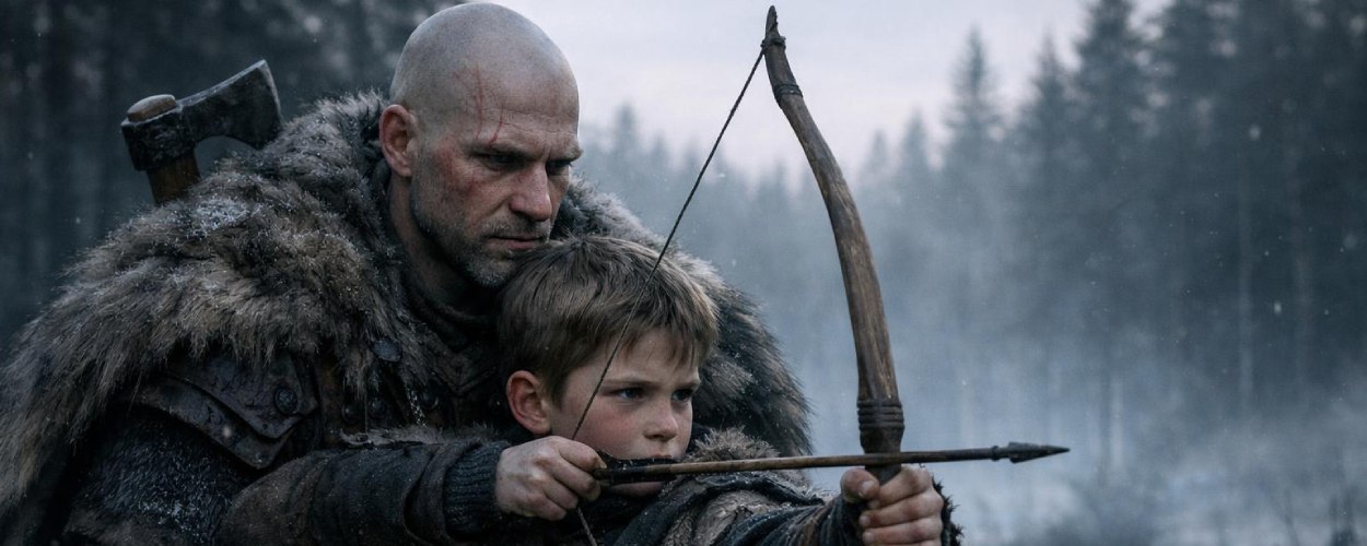 Erstes Bild zur Amazon-Serie God of War: Kratos steht hinter Atreus in einer nebligen nordischen Waldlichtung beim Bogentraining.