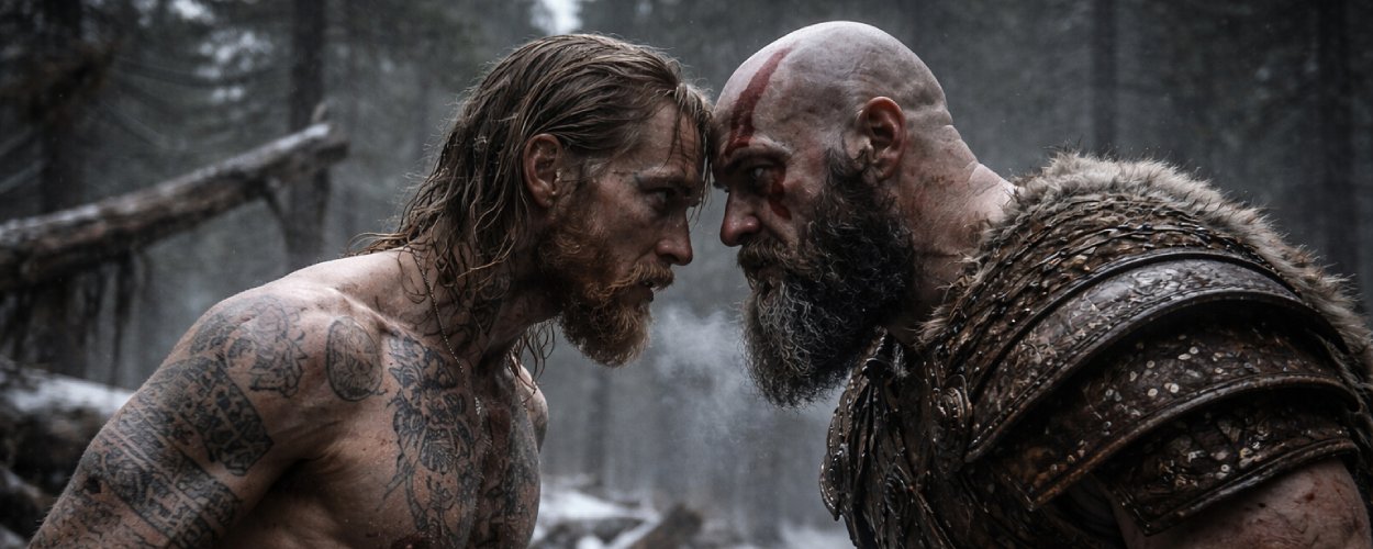 Realistischer Serienstill: Ein schlanker, tätowierter Krieger stellt sich in einer verschneiten Lichtung einem bärtigen Axtkämpfer gegenüber – Symbolbild für Baldur gegen Kratos.