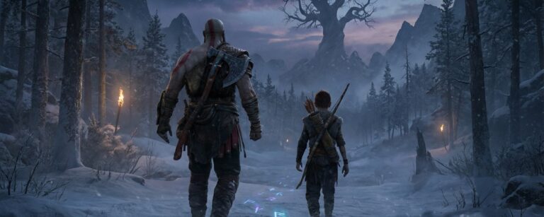 Ein bärtiger Krieger mit Axt und ein Junge mit Bogen gehen durch einen verschneiten nordischen Wald auf einen leuchtenden Weltenbaum im Hintergrund zu.