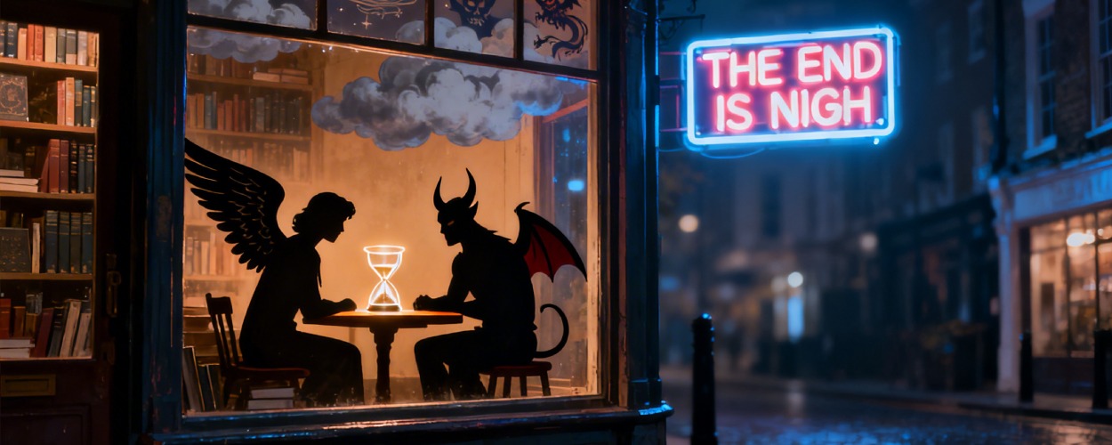 Good Omens Staffel 3 Finale: Silhouette eines Engels und eines Dämons in einem nächtlichen Buchladen, vor ihnen eine leuchtende Sanduhr, draußen ein Neon-Schild mit „The End Is Nigh“ über nasser Kopfsteinpflasterstraße.
