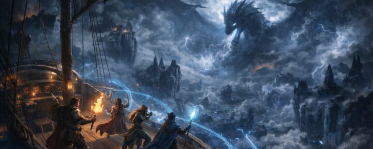 Magisches Luftschiff mit vier Helden stellt sich einem gewaltigen Sturmdrachen über zerschlagenen Himmelsinseln – Symbolbild für Endless Ragnarok.