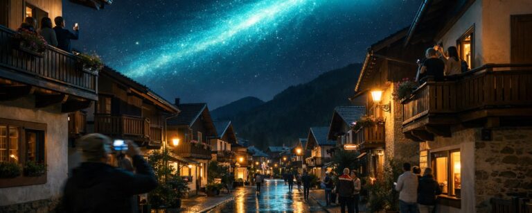 Nachtaufnahme einer nassen, glänzenden Dorfstraße in einem alpinen Ort mit Häusern und Balkonen voller Menschen, die nach oben blicken und mit dem Handy filmen, über dem sternklaren Himmel zieht schräg ein leuchtend türkisblauer Lichtstreifen, in dem die Gestalt eines riesigen Drachen aus Licht mit Kopf und langem Schweif erkennbar ist.