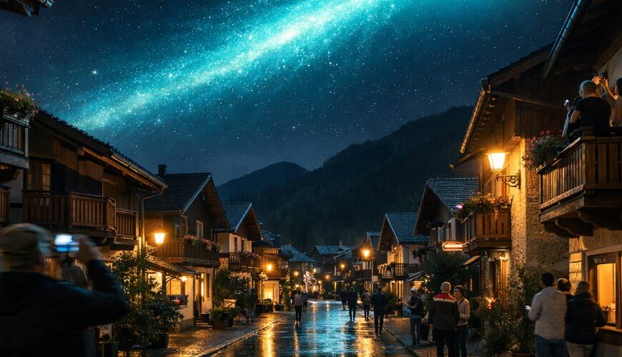 Nachtaufnahme einer nassen, glänzenden Dorfstraße in einem alpinen Ort mit Häusern und Balkonen voller Menschen, die nach oben blicken und mit dem Handy filmen, über dem sternklaren Himmel zieht schräg ein leuchtend türkisblauer Lichtstreifen, in dem die Gestalt eines riesigen Drachen aus Licht mit Kopf und langem Schweif erkennbar ist.