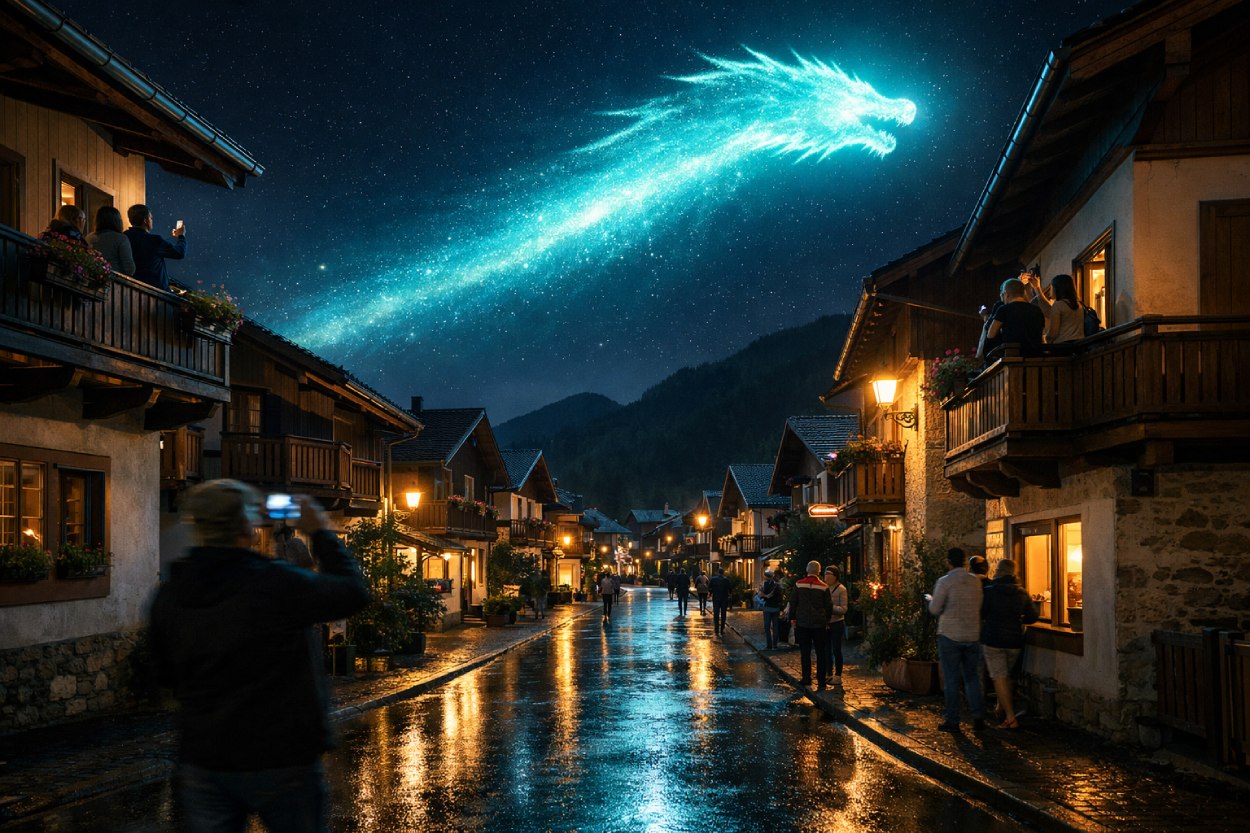 Nachtaufnahme einer nassen, glänzenden Dorfstraße in einem alpinen Ort mit Häusern und Balkonen voller Menschen, die nach oben blicken und mit dem Handy filmen, über dem sternklaren Himmel zieht schräg ein leuchtend türkisblauer Lichtstreifen, in dem die Gestalt eines riesigen Drachen aus Licht mit Kopf und langem Schweif erkennbar ist.
