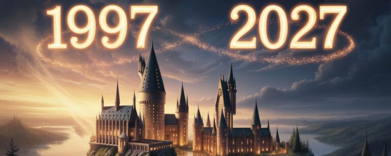 Ein leuchtendes Hogwarts über den Wolken bei Sonnenuntergang, darüber schweben die hell glühenden Jahreszahlen 1997 und 2027 als funkelnde Verbindung.