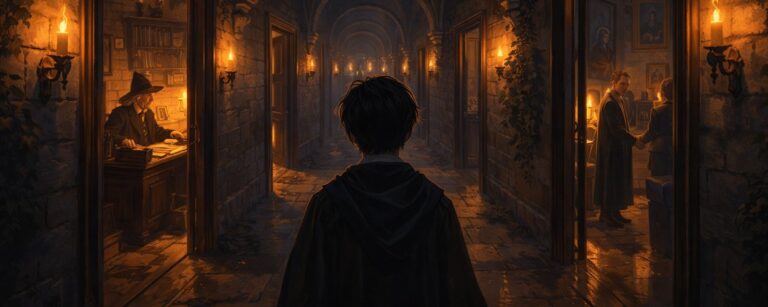 Junger Zauberschüler blickt in einen langen, von Fackeln erleuchteten Schulflur, während durch offene Türen Lehrkräfte und Schüler in ihren Zimmern zu sehen sind – Symbolbild für die neue Harry-Potter-Serie mit erweitertem Blick über Harry hinaus.
