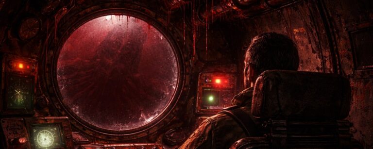 Ein Mann sitzt im engen, rostigen U-Boot-Cockpit und blickt durch ein rundes Fenster in einen dunklen Ozean aus Blut, in dem sich eine riesige, schemenhafte Kreatur abzeichnet.