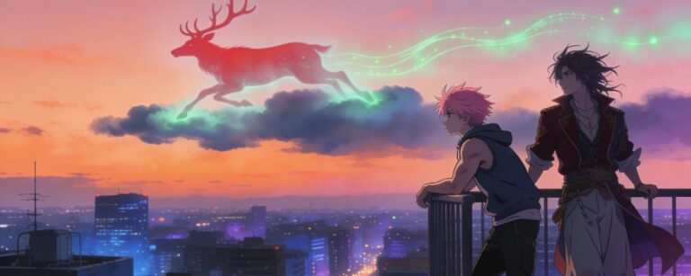 Zwei junge Fluchjäger auf einem Dach in der Stadt, über ihnen läuft die geisterhafte Silhouette eines hirschähnlichen Ghibli-Geistes durch den Himmel.