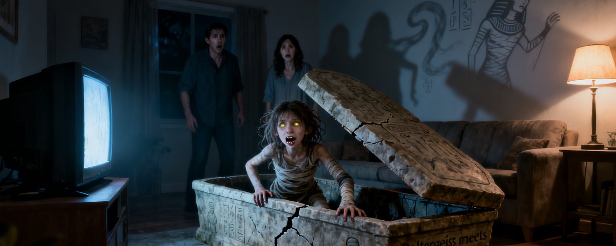 Mumienmädchen mit leuchtenden Augen kriecht aus einem alten Sarkophag in einem Wohnzimmer, während die schockierten Eltern im Hintergrund stehen.
