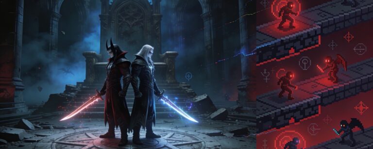 Artwork zu Legacy of Kain: Links stehen zwei vampirische Krieger mit roten und blauen Energieschwertern in einer düsteren Kathedrale, rechts zeigen vertikale Pixelplattformen rote Dämonen und einen Kämpfer – Symbol für Defiance Remastered und das neue 2D-Spiel Ascendance.