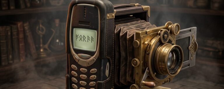 Hybridgerät aus Nokia Backstein-Handy und antiker Plattenkamera auf Samtpodest, umgeben von magischem Kreis, neblige Studiobeleuchtung.