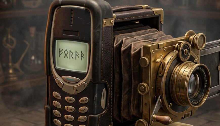 Hybridgerät aus Nokia Backstein-Handy und antiker Plattenkamera auf Samtpodest, umgeben von magischem Kreis, neblige Studiobeleuchtung.