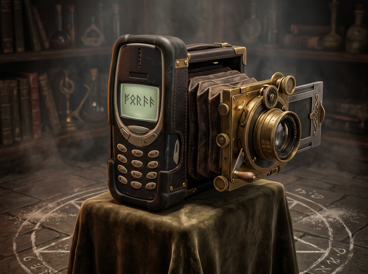 Hybrid aus Nokia Backstein-Handy und antiker Plattenkamera auf Samtpodest, umgeben von magischem Kreis, neblige Studiobeleuchtung.
