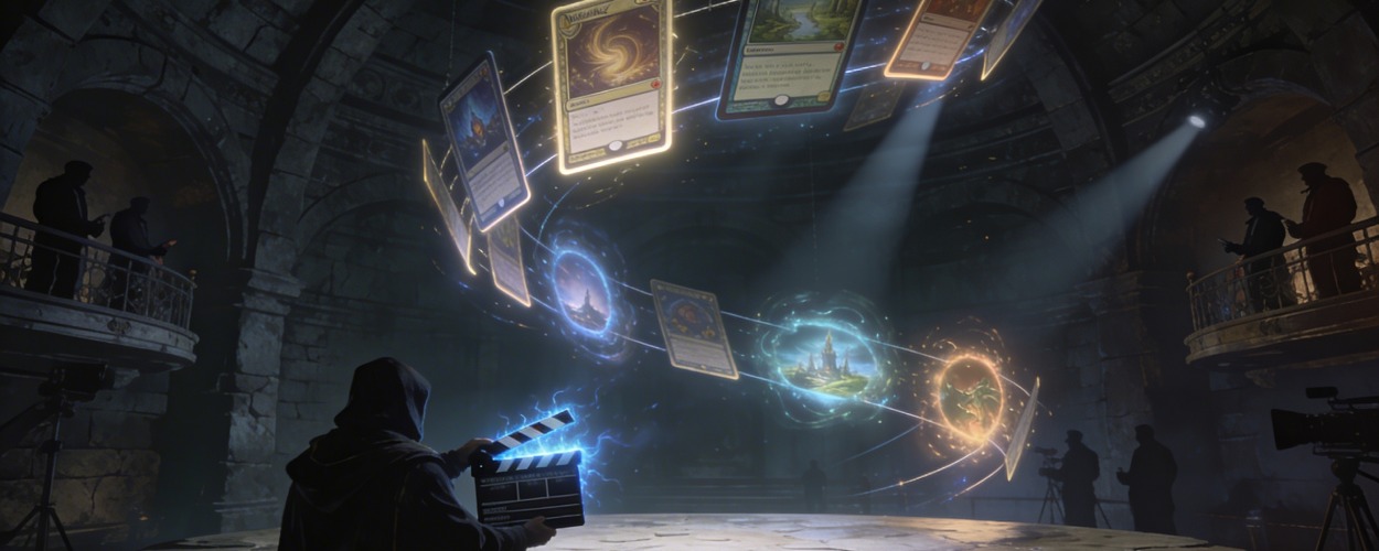 Ein vermummter Regisseur hält eine leuchtende Filmklappe auf einer steinernen Bühne, über ihm schweben große Magic-ähnliche Karten und leuchtende Portale im Kreis, umgeben von Kameraleuten auf Galerien – Symbolbild für die Verfilmung von Magic: The Gathering.