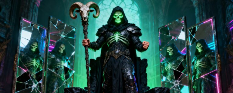 Skeletor mit leuchtendem grünen Totenschädel steht vor einem schwarzen Thron, umgeben von zerbrochenen Spiegeln, in denen sein bedrohliches Spiegelbild mehrfach zu sehen ist.