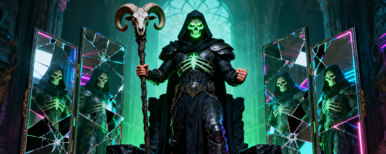 Skeletor mit leuchtendem grünen Totenschädel steht vor einem schwarzen Thron, umgeben von zerbrochenen Spiegeln, in denen sein bedrohliches Spiegelbild mehrfach zu sehen ist.