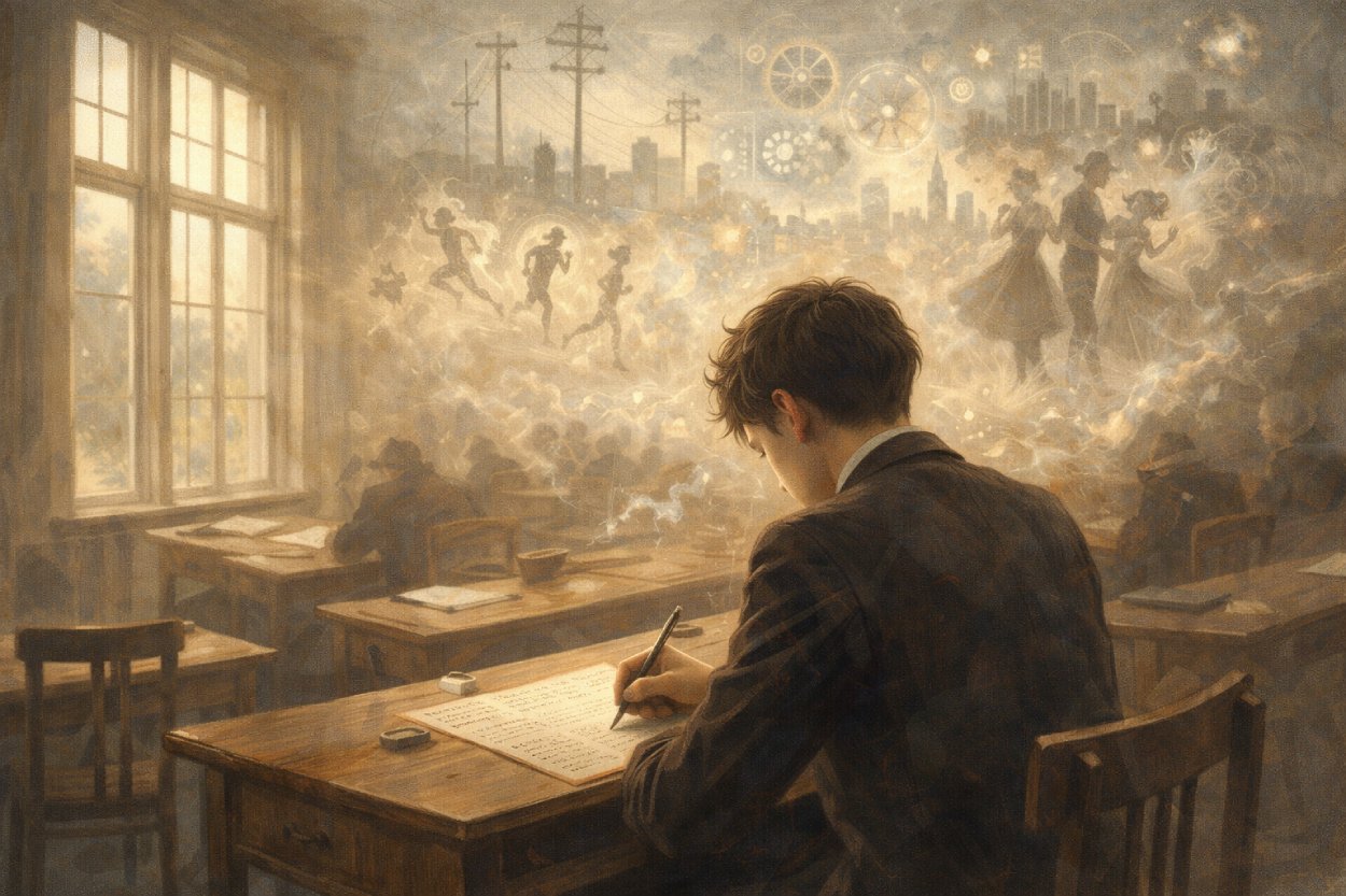 Historisch wirkender Klassenraum mit Holztischen und großen Fenstern. Im Vordergrund schreibt ein junger Mann konzentriert an einem Aufsatz. Im Dunst hinter ihm tauchen schemenhafte Bilder auf: Stadt-Silhouetten, Strommasten, Zahnräder, laufende Sportler und tanzende Paare. Die Szene wirkt wie eine Visualisierung seiner Gedanken über Technik, Freizeit und Exzess – Symbolbild zu Max Frischs wiederentdecktem Maturaufsatz über „Licht- und Schattenseiten der modernen Technik“.
