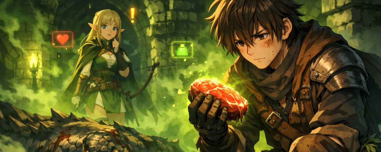 In einem nebligen Dungeon kniet ein junger Abenteurer mit Kräuterbeutel neben einem toten Monster und betrachtet ein giftgrün leuchtendes Fleischstück, während eine entsetzte Elfenbogenschützin im Hintergrund den Mund hält; grüne Dämpfe und Statusleisten schweben in der Luft.