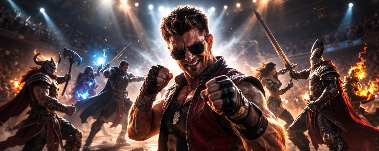 Karl-Urban-artiger Johnny-Cage-Kämpfer steht im Kampfarena-Licht von Mortal Kombat 2 und stellt sich einer Gruppe mächtiger Gegner.