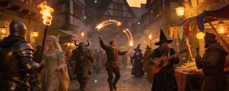 Gewandete Ritter, Elfen, Orks und Gaukler ziehen mit Fackeln und Musik über einen Kopfsteinpflastermarkt in der abendlich beleuchteten Altstadt von Hameln. Hamelon 2026.
