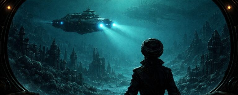 Ein futuristisches U-Boot fährt durch die dunkle Tiefsee, während ein junger Kapitän vor einem Panoramafenster auf eine versunkene Stadt und ein Schattenwesen blickt – Symbolbild für die Jules-Verne-Serie Nautilus beim ZDF.