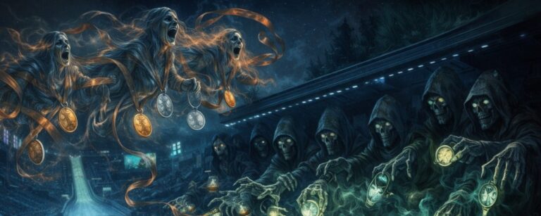 Nachtszene in einem winterlichen Olympiastadion von oben: In der Mitte leuchten eine Eisbahn und eine Skisprungschanze, Anzeigetafeln zeigen Zeiten, im dunklen Hintergrund sitzt ein Rat aus skelettartigen Gestalten mit Kapuzen, die mit leuchtenden Uhren und Sanduhren nach den Zeitmessgeräten greifen, darüber schweben geisterhafte Frauenfiguren, die bronzefarbene Bänder um Medaillen wickeln, während unten auf der Bahn kleine Athleten in deutschen Farben enttäuscht im Zielbereich stehen.