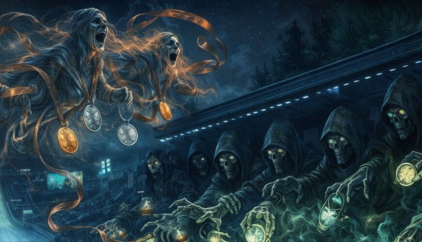Nachtszene in einem winterlichen Olympiastadion von oben: In der Mitte leuchten eine Eisbahn und eine Skisprungschanze, Anzeigetafeln zeigen Zeiten, im dunklen Hintergrund sitzt ein Rat aus skelettartigen Gestalten mit Kapuzen, die mit leuchtenden Uhren und Sanduhren nach den Zeitmessgeräten greifen, darüber schweben geisterhafte Frauenfiguren, die bronzefarbene Bänder um Medaillen wickeln, während unten auf der Bahn kleine Athleten in deutschen Farben enttäuscht im Zielbereich stehen.