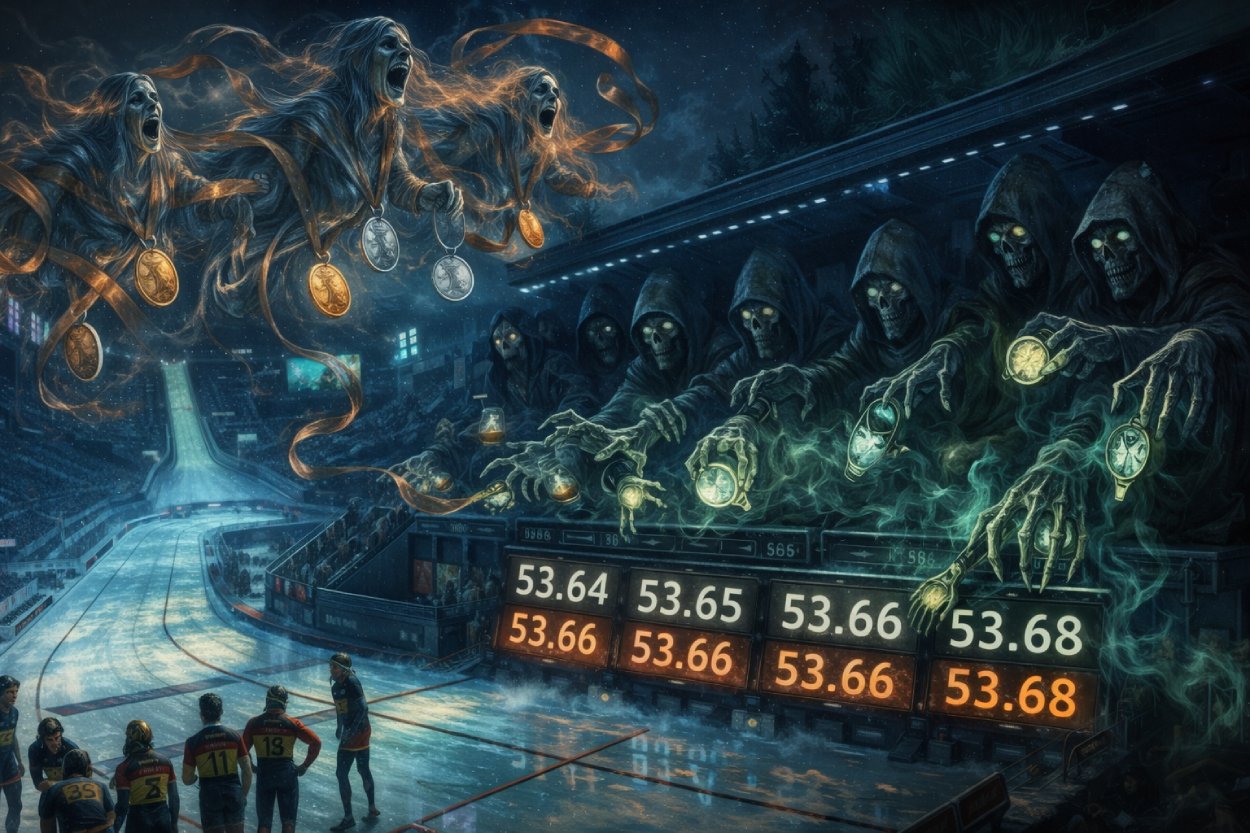 Nachtszene in einem winterlichen Olympiastadion von oben: In der Mitte leuchten eine Eisbahn und eine Skisprungschanze, Anzeigetafeln zeigen Zeiten, im dunklen Hintergrund sitzt ein Rat aus skelettartigen Gestalten mit Kapuzen, die mit leuchtenden Uhren und Sanduhren nach den Zeitmessgeräten greifen, darüber schweben geisterhafte Frauenfiguren, die bronzefarbene Bänder um Medaillen wickeln, während unten auf der Bahn kleine Athleten in deutschen Farben enttäuscht im Zielbereich stehen.