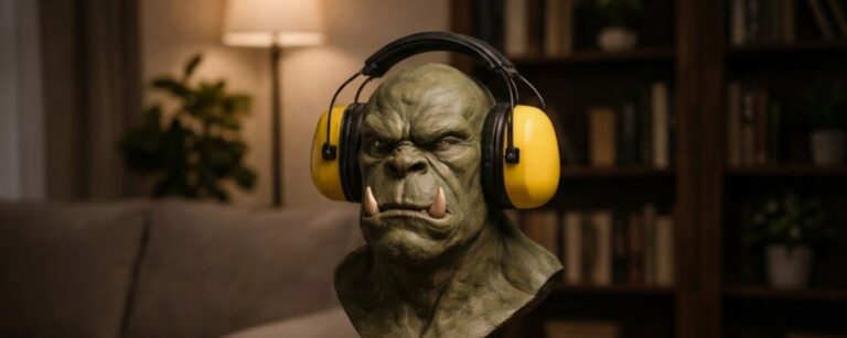 Ork Büste als Kopfhörerständer mit gelbem Baustellen Gehörschutz auf einem Holztisch im gemütlichen Wohnzimmer vor Bücherregal und Stehlampe.