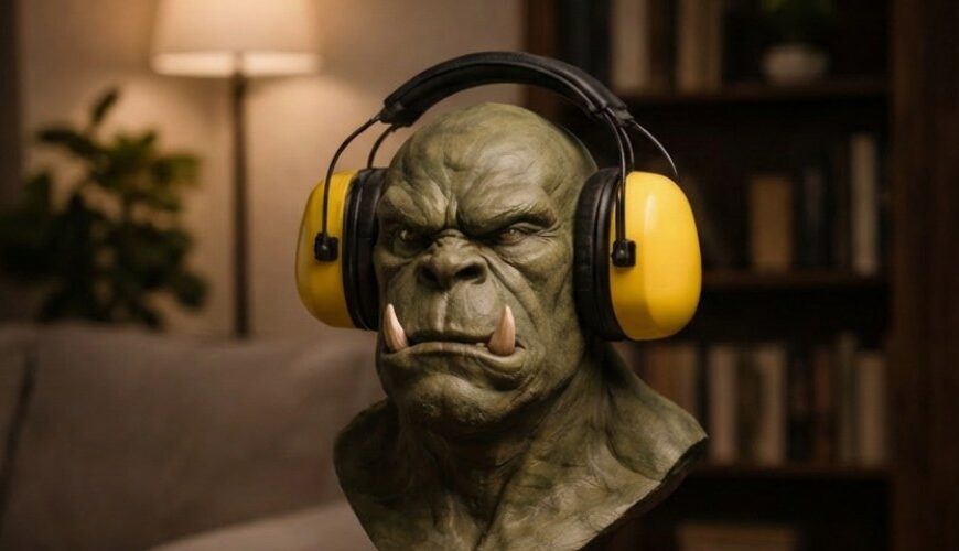 Ork Büste als Kopfhörerständer mit gelbem Baustellen Gehörschutz auf einem Holztisch im gemütlichen Wohnzimmer vor Bücherregal und Stehlampe.