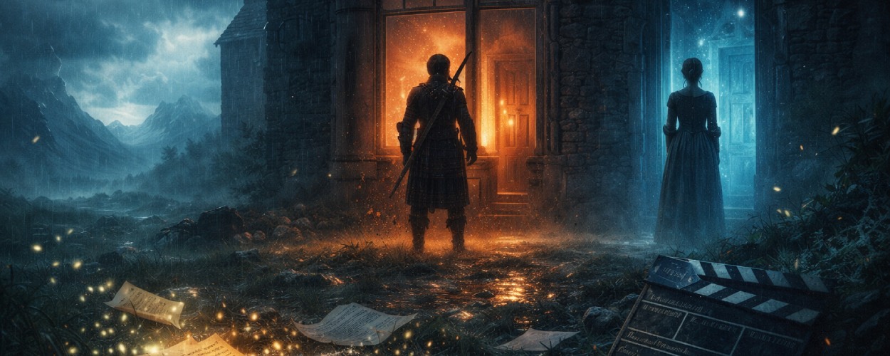 Nacht in den schottischen Highlands: Vor einem Herrenhaus liegen verstreute Drehbuchseiten und eine Filmklappe, im Fenster stehen zwei Figuren vor unterschiedlich leuchtenden Türen – Sinnbild für die mehreren möglichen Enden von Outlander Staffel 8.