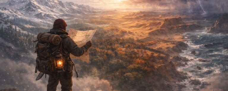 Ein erschöpfter Abenteurer mit Rucksack blickt von einer Klippe auf die rauen Landschaften von Aurai in Outward 2.