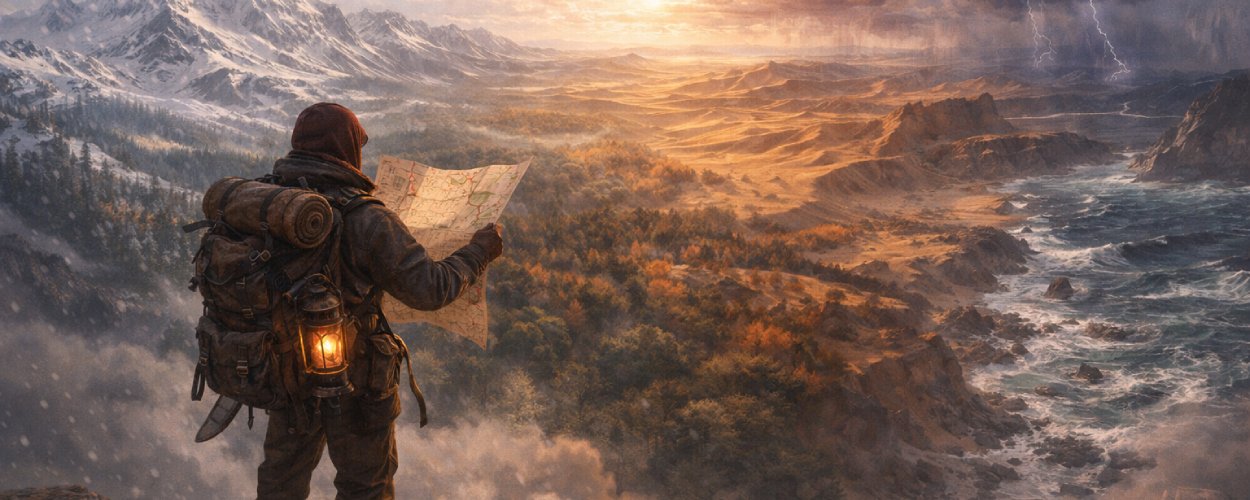 Ein erschöpfter Abenteurer mit Rucksack blickt von einer Klippe auf die rauen Landschaften von Aurai in Outward 2.