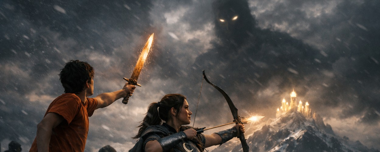 Percy Jackson steht mit leuchtendem Schwert auf einer verschneiten Klippe, an seiner Seite eine Jägerin der Artemis, während der Schatten eines Titanen und schemenhafte Götterfiguren über dem Olymp aufragen – Symbolbild zu Percy Jackson Staffel 3.