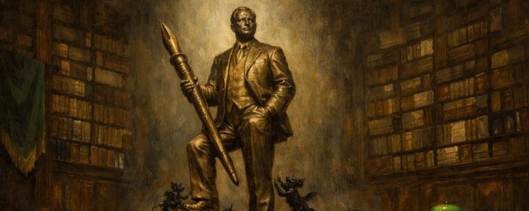 Monumentales Gemälde einer bronzenen Verlagsmanager-Statue mit übergroßem Füllfederhalter, die auf einem Sockel aus Bücherstapeln in einer dunklen Bibliothek steht, während kleine schwarze Dämonenwesen aus Papier und Tinte an den Stufen und aufgeschlagenen Büchern herumklettern.