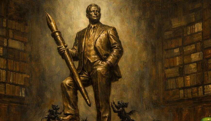 Monumentales Gemälde einer bronzenen Verlagsmanager-Statue mit übergroßem Füllfederhalter, die auf einem Sockel aus Bücherstapeln in einer dunklen Bibliothek steht, während kleine schwarze Dämonenwesen aus Papier und Tinte an den Stufen und aufgeschlagenen Büchern herumklettern.