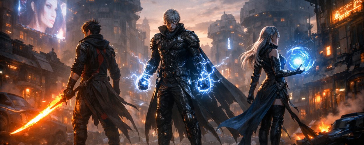 Drei futuristische Kämpfer mit leuchtenden Waffen stehen in einer zerstörten Sci-Fi-Stadt – Project DNA als Endzeit-MMO mit Final-Fantasy-Anmutung.