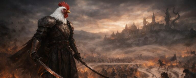 Humorvolles Meme-Bild: ein riesiger Krieger in dunkler Rüstung mit Hühnerkopf und zwei Klingen steht vor einem brennenden Schlachtfeld – augenzwinkernde Parodie auf die Vogelkrieger aus Project Windless.