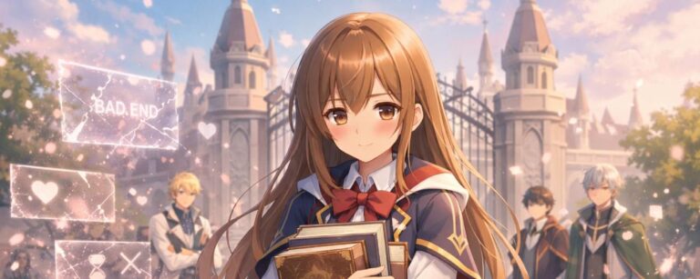 Schüchterne Schülerin in Fantasy-Akademieuniform hält mehrere Zauberbücher vor dem Schultor, während im Hintergrund gebrochene Bad-End-Symbole und mögliche Love-Interests auftauchen.