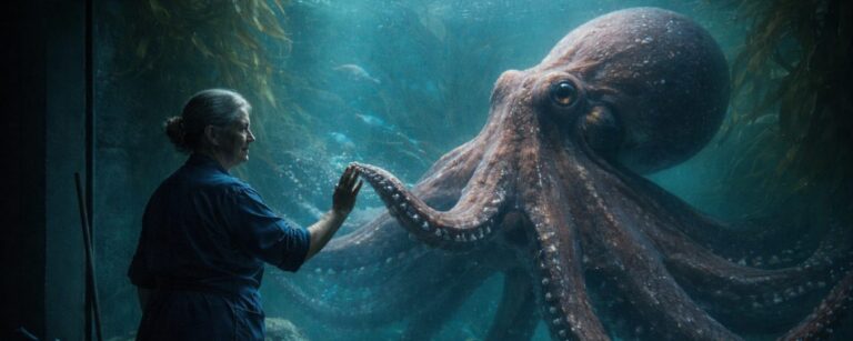Eine ältere Frau steht nachts im Aquarium vor einem Oktopus-Becken, während der Oktopus eine Tentakel an die Scheibe legt – Symbolbild zum Netflix-Film Remarkably Bright Creatures.