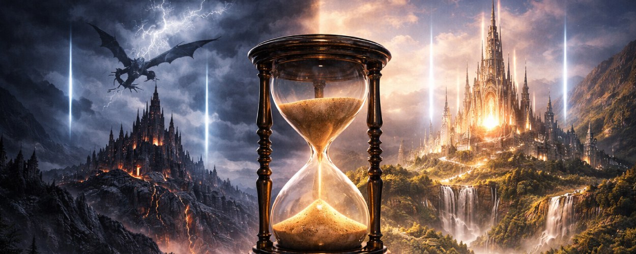 In einer geteilten Fantasylandschaft steht im Vordergrund eine große Sanduhr auf einem Felsvorsprung; links ragen eine dunkle, von Lava durchzogene Festung und ein fliegender Drache in einen gewittrigen Himmel, rechts leuchtet eine helle, wasserfallumrahmte Stadt im Sonnenlicht – Symbol für den Serienwettstreit zwischen düsterer Drachenwelt und strahlender Mittelerde.