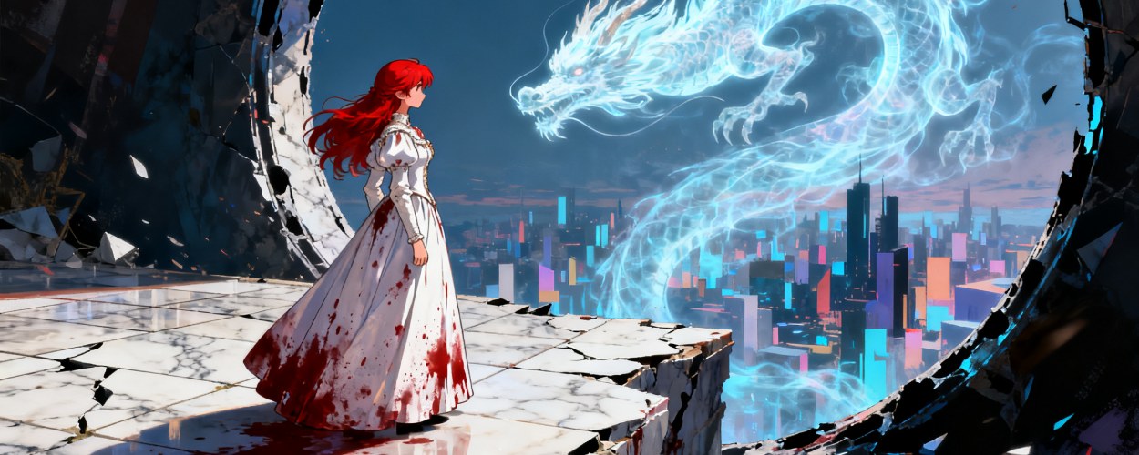 Die blutbefleckte Prinzessin Scarlet steht vor einem riesigen Portal und blickt einem leuchtenden Geisterdrachen entgegen, hinter dem eine moderne Stadt in Neonfarben liegt.