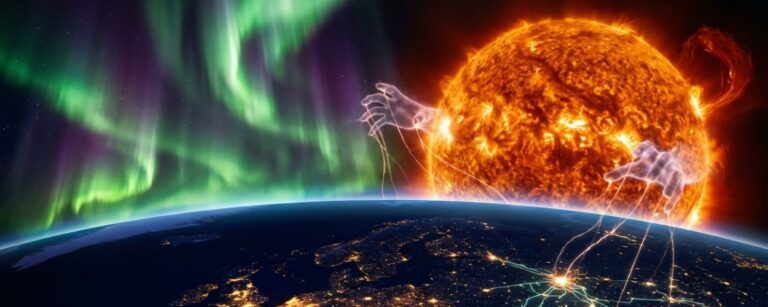 Blick aus dem All auf das nächtliche Europa mit leuchtenden Städten, darüber grün-violette Polarlichter und rechts eine riesige brennende Sonne, aus der zwei geisterhafte Hände aus Plasma hervorragen, die mit feinen Lichtfäden in das Stromnetz auf dem Kontinent greifen.