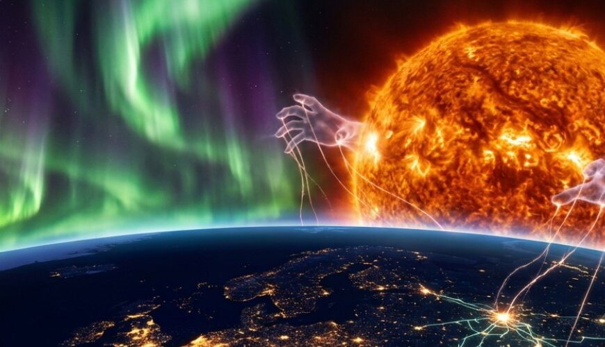 Blick aus dem All auf das nächtliche Europa mit leuchtenden Städten, darüber grün-violette Polarlichter und rechts eine riesige brennende Sonne, aus der zwei geisterhafte Hände aus Plasma hervorragen, die mit feinen Lichtfäden in das Stromnetz auf dem Kontinent greifen.