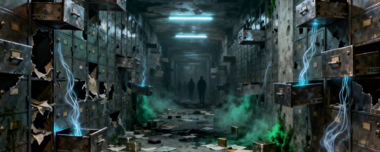 Langer unterirdischer Tresorkorridor mit dicht aneinandergereihten Metallschließfächern auf beiden Seiten, viele Türen sind aufgebrochen oder zerschlagen, Schubfächer stehen offen, auf dem Boden liegen verstreute Dokumente, Umschläge und Schmuckkästchen, aus mehreren geöffneten Fächern steigen dünne blau leuchtende Lichtströme auf, grünlicher Nebel hängt im Gang, im Hintergrund sind zwei dunkle menschliche Silhouetten zu erkennen.