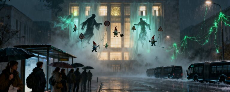Menschen warten im Regen an einer Bushaltestelle vor einem hell erleuchteten Verwaltungsgebäude, aus dessen Fassade riesige geisterhafte Beamten Gestalten und grünliche Energien strömen, während kleine Streik Zwerge mit Verkehrsschildern über der Straße schweben und leere Busse im Nebel am Straßenrand stehen.