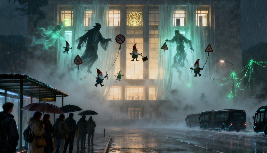 Menschen warten im Regen an einer Bushaltestelle vor einem hell erleuchteten Verwaltungsgebäude, aus dessen Fassade riesige geisterhafte Beamten Gestalten und grünliche Energien strömen, während kleine Streik Zwerge mit Verkehrsschildern über der Straße schweben und leere Busse im Nebel am Straßenrand stehen.